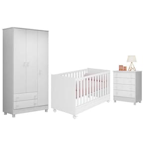 Dormitório Doce Sonho 3 Portas, Cômoda 4 Gavetas e Berço Mini Cama com Rodízio - Qmovi