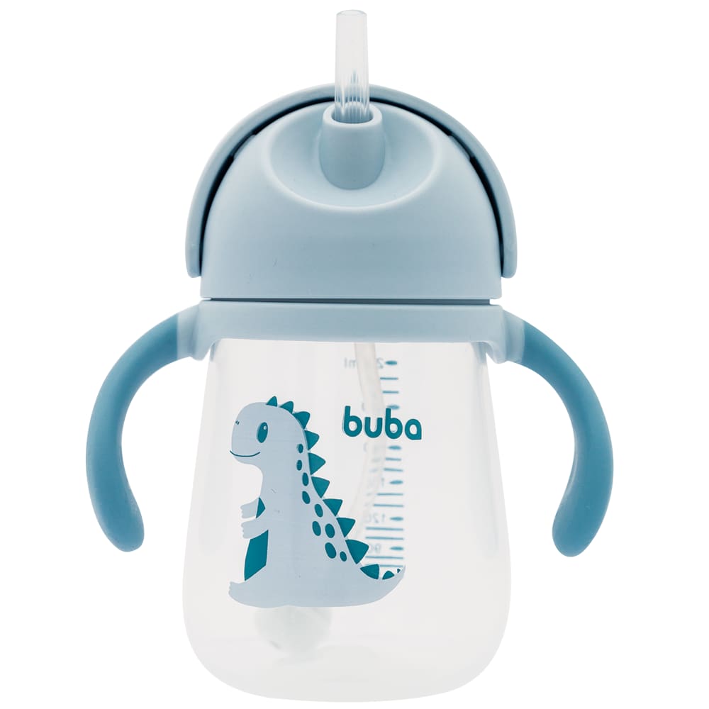 Copo Com Válvula e Canudo em Silicone Dino 240ml - Buba