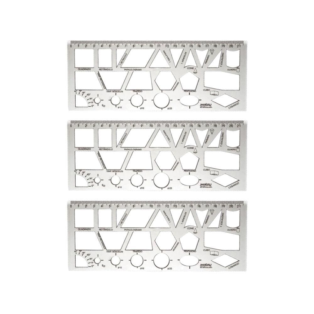 Kit 03 Réguas Formas Geométricas Cristal Escolar 21cm Waleu