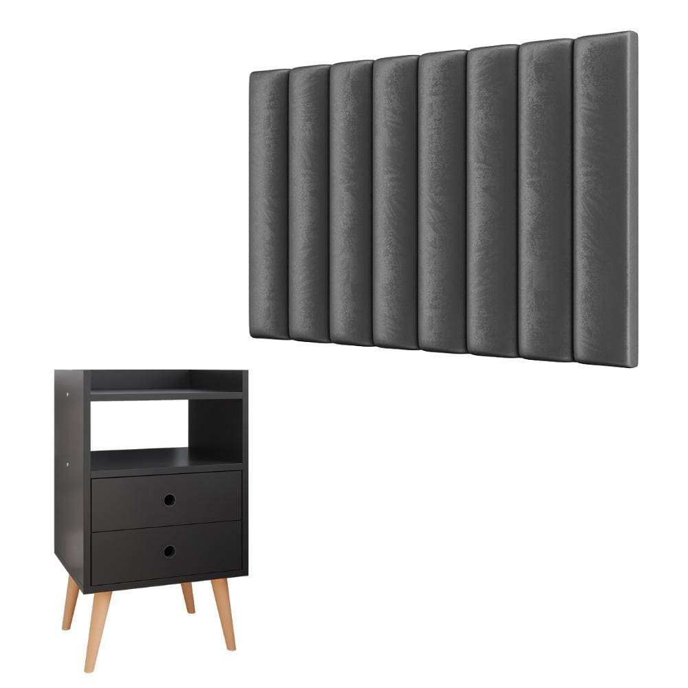 Kit Cabeceira Estofada Cama Box Solteiro 90 cm Sophia Cinza e Mesinha Canto Quarto 2 Gavetas Retrô Nicho Decorativo Dream Preto - RPM