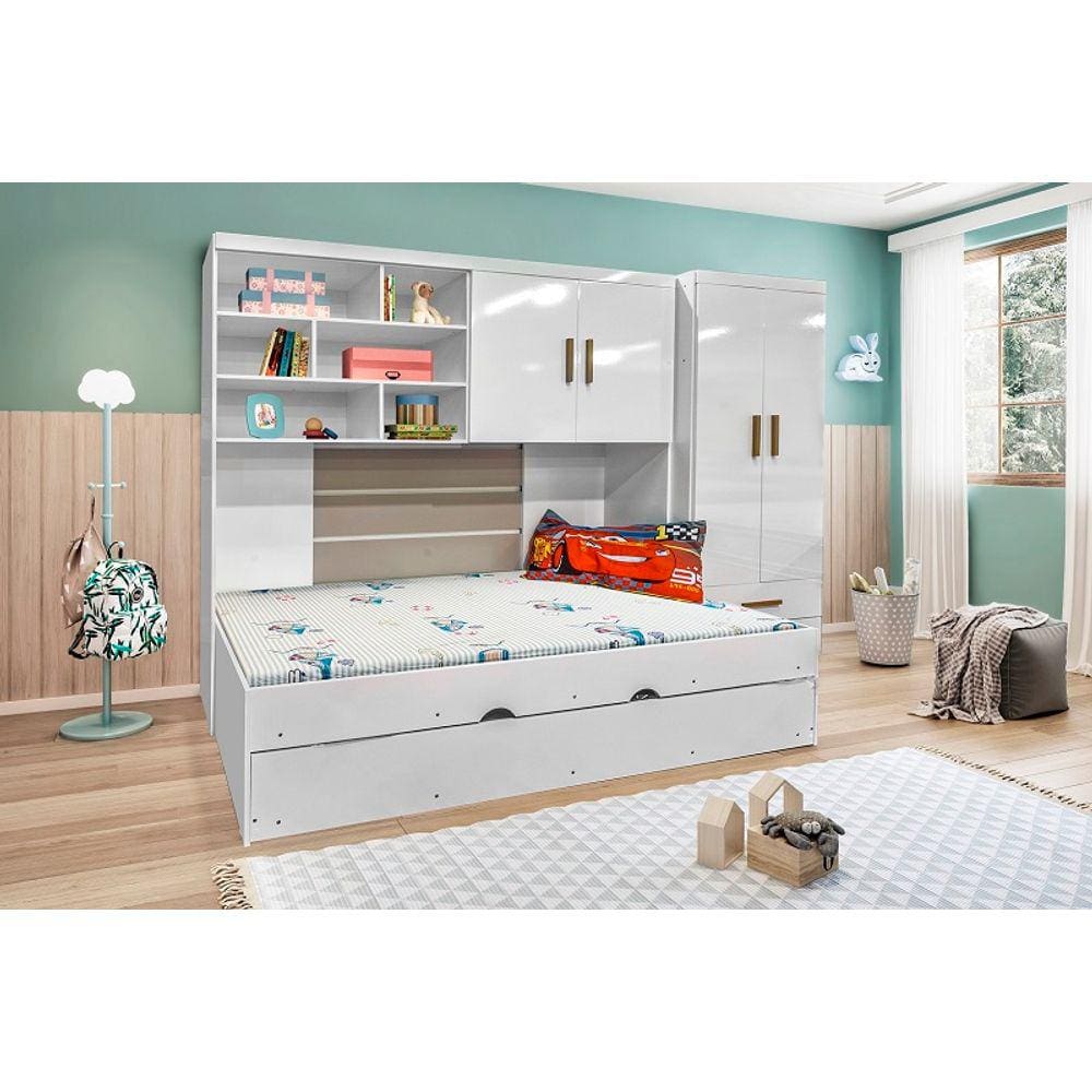 Quarto Infantil Chiara Guarda Roupa De 2 Portas + Modulo Aéreo + Cama + Auxiliar - Phoenix Baby