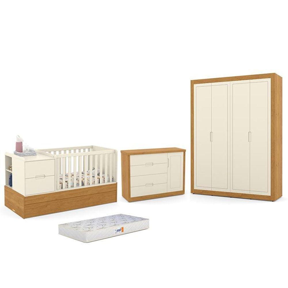 Dormitório Completo Infantil Tutto New 4 Portas, Cômoda, Berço Multifuncional Formare e Colchão D18 - Matic Móveis