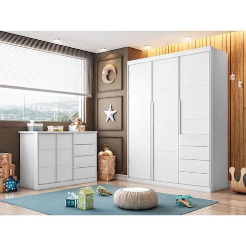 imagem-Quarto Infantil Completo Perola com Guarda Roupa 3 Portas e Cômoda 2 Portas branca - Phoenix Baby - Branco
