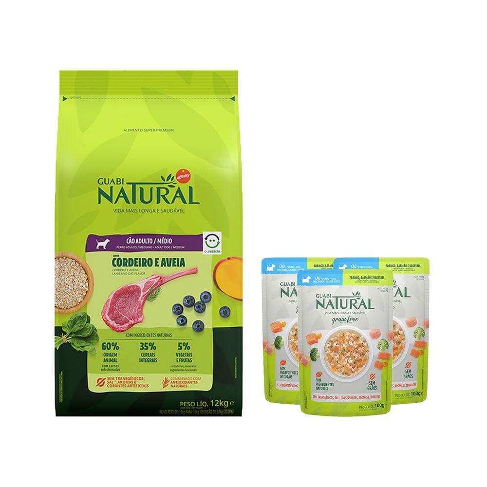 Ração Guabi Natural Cães Adultos Porte Médio Cordeiro e Aveia 12 kg + Sachês