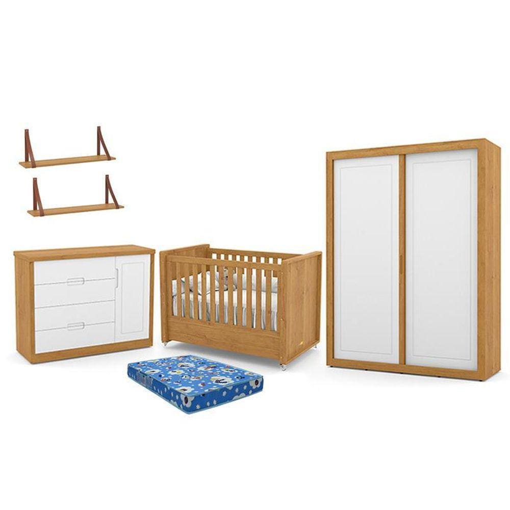 Dormitório Tutto New 2 Portas, Cômoda 1 Porta, Berço com Colchão e Prateleiras - Matic Móveis