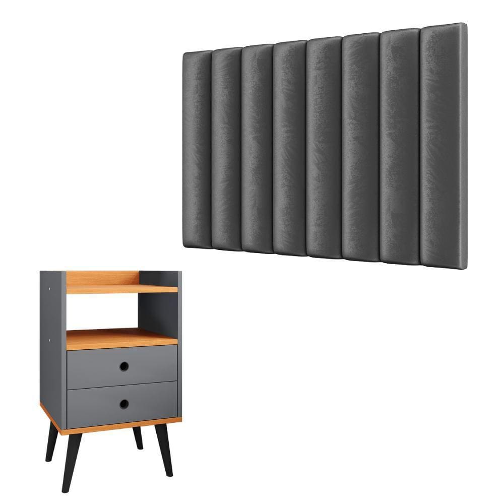 Kit Cabeceira Estofada Cama Box Solteiro 90 cm Sophia e Mesinha Canto Quarto 2 Gavetas Retrô Nicho Decorativo Dream -Cinza/Cinamomo- RPM