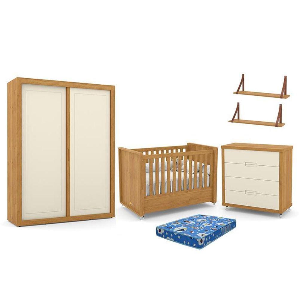 Dormitório Tutto New 2 Portas, Cômoda, Berço com Colchão e Prateleiras - Matic Móveis