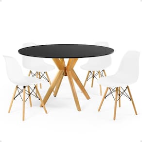 Conjunto Mesa de Jantar Redonda Marci Preta 120cm com 4 Cadeiras Eames Eiffel - Branco