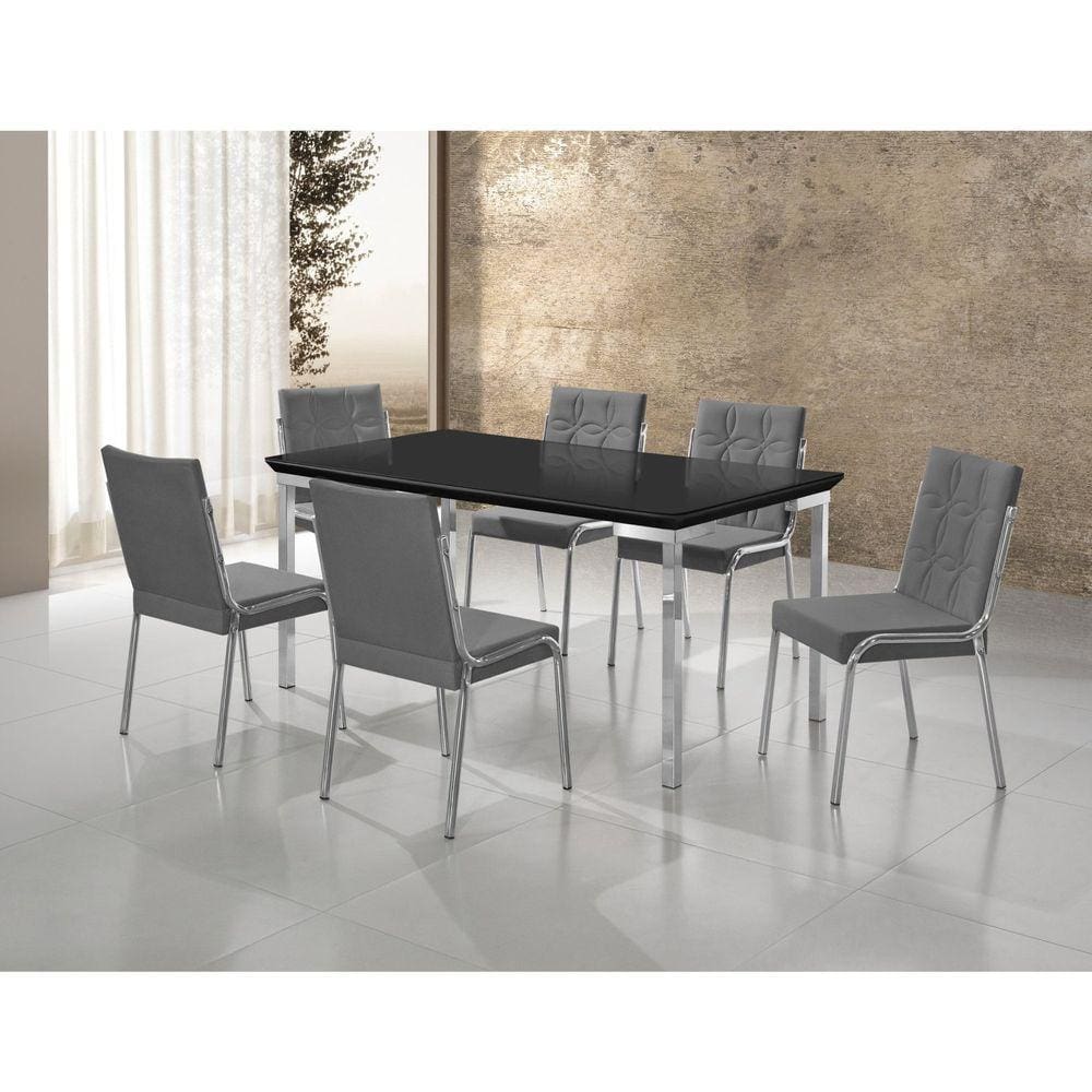 Conjunto Sala de Jantar Mesa Iza New Tampo MDF/Vidro 6 Cadeiras Natani New Cromado/Cinza