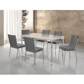 Conjunto Sala de Jantar Mesa Iza New Tampo MDF/Vidro 6 Cadeiras Natani New Cromado/Cinza