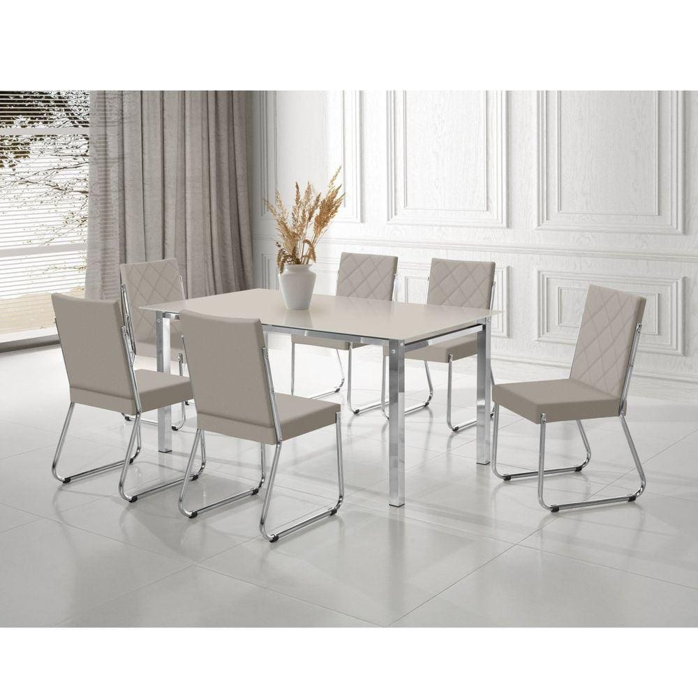 Conjunto Sala de Jantar Mesa Ortenia Tampo Vidro com 6 Cadeiras Dinah New Cromado/Bege