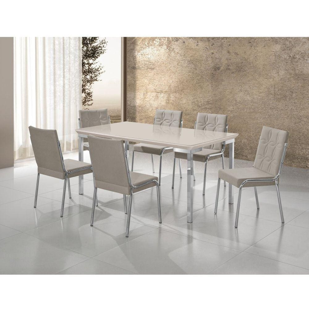 Conjunto Sala de Jantar Mesa Iza New Tampo MDF/Vidro 6 Cadeiras Natani New Cromado/Bege/Off White
