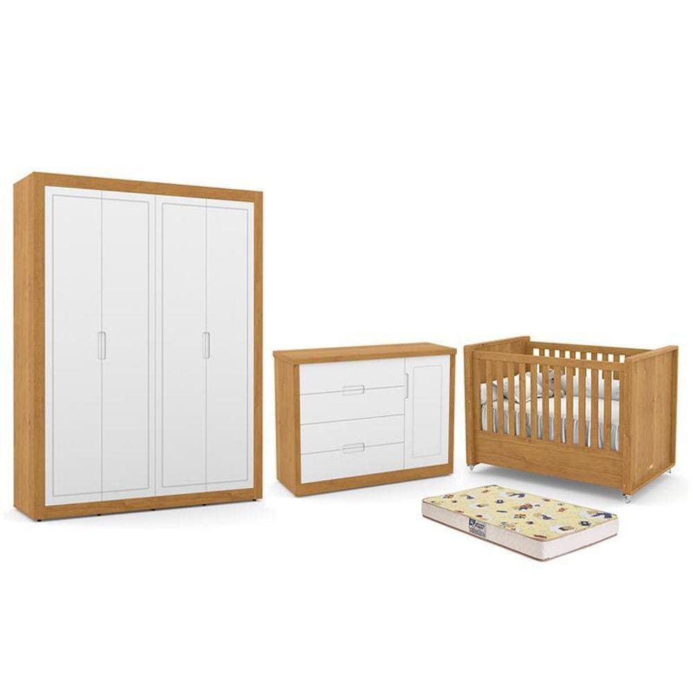 Dormitório Tutto New 4 Portas, Cômoda 1 Porta, Berço com Colchão D18 - Matic Móveis