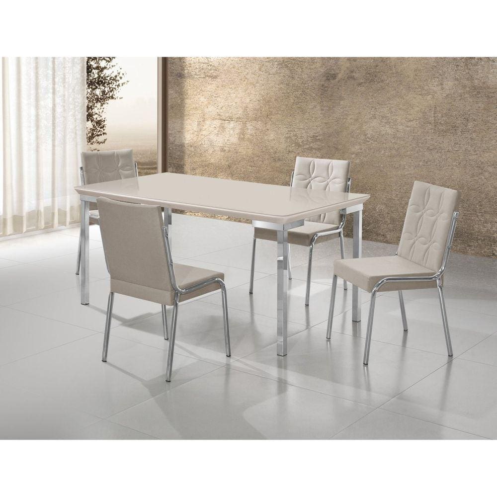 Conjunto Mesa Iza 120x90cm Tampo MDF/Vidro 4 Cadeiras Natani Cromado/Cinza/Off White