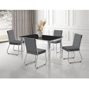 Conjunto Sala de Jantar Mesa Ortenia Tampo Vidro com 4 Cadeiras Dinah Cromado/Cinza/Preto
