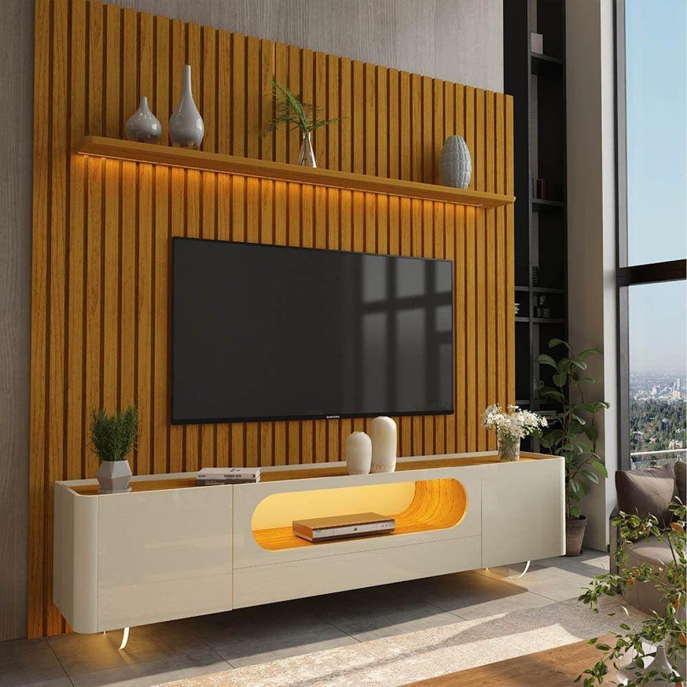 Rack com Painel Ripado TV até 85 Polegadas 1 Gaveta 2 Portas LED 230cm Nobre Marromle/Off White