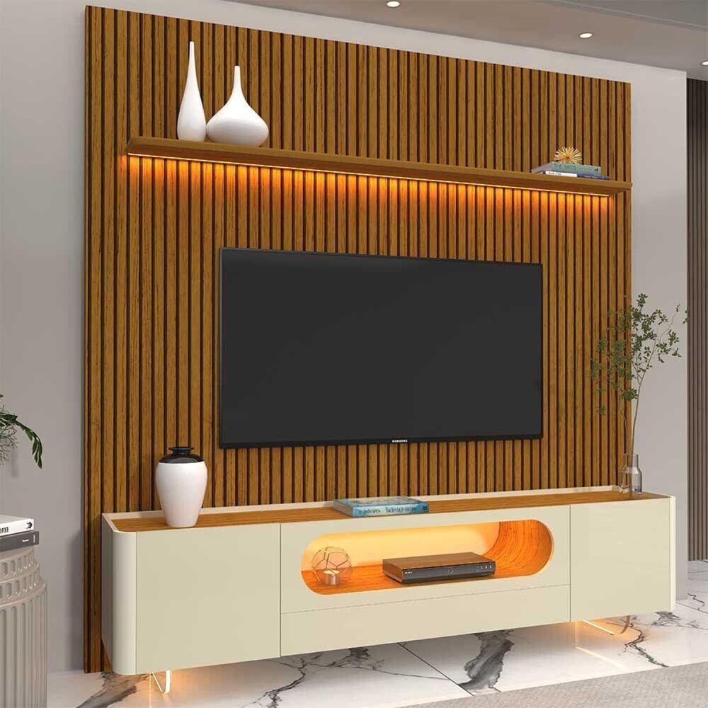Rack com Painel para TV até 85 Polegadas 1 Gaveta 2 Portas LED Pés Vidro 220cm Requinte Nobre Marromle/Off White