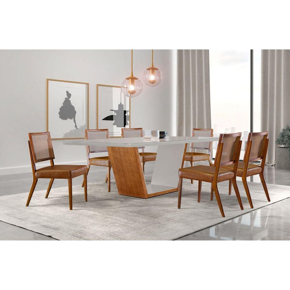 Mesa de Jantar Tampo de Madeira Medelim com 6 Cadeiras Veneza Cinamomo Imbuia/Off White