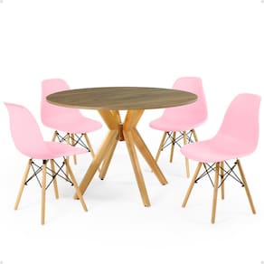 Conjunto Mesa de Jantar Redonda Marci Natural 100cm com 4 Cadeiras Eames Eiffel - Rosa