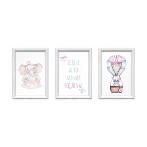 Kit 3 Quadros Decorativos Elefante Balão Rosa 24x34cm