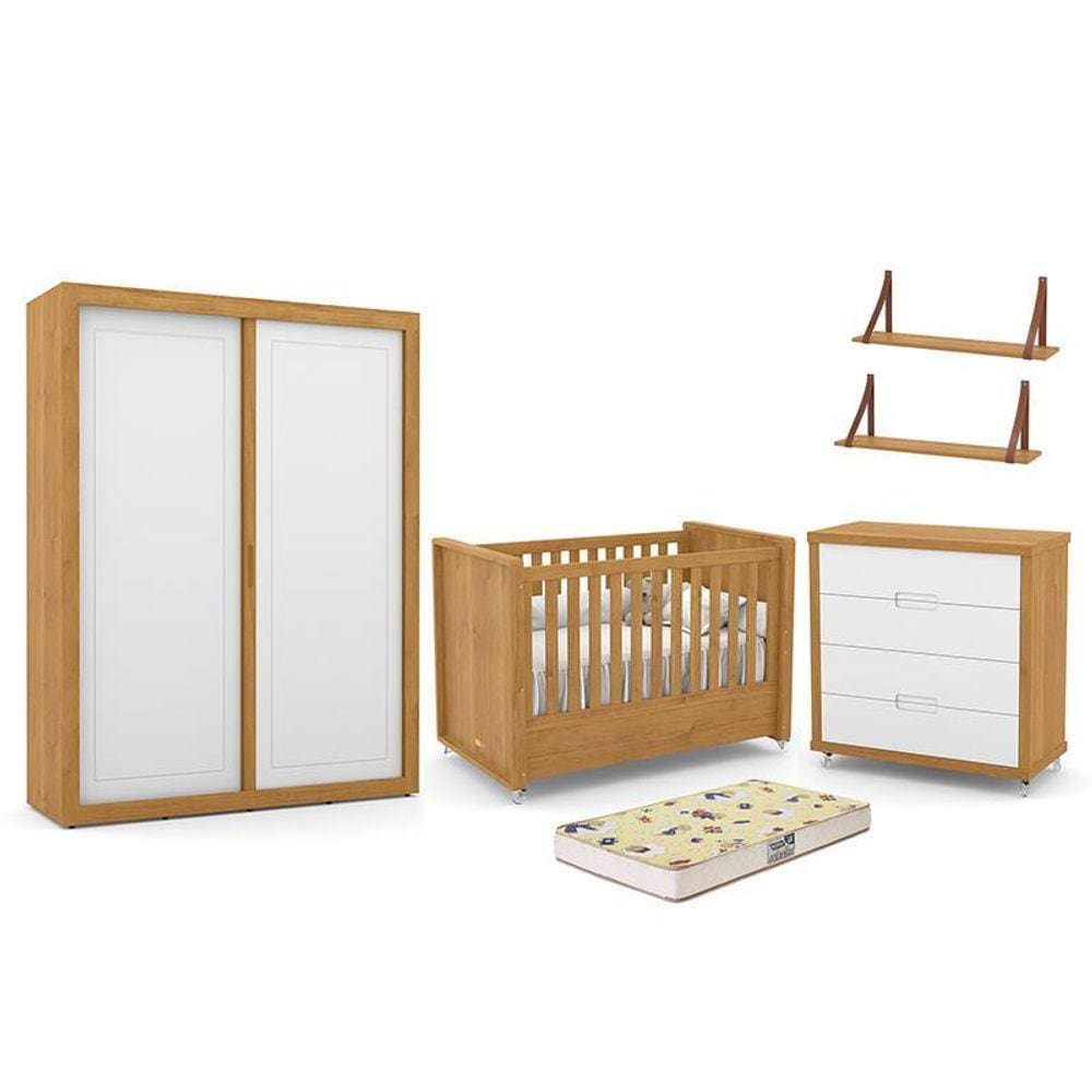 Dormitório Tutto New 2 Portas, Cômoda, Berço com Colchão D18 e Prateleiras - Matic Móveis