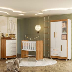 Quarto de Bebê Completo com Cômoda, Mini Berço com Colchão e Guarda Roupas Lila Amadeirado/Branco
