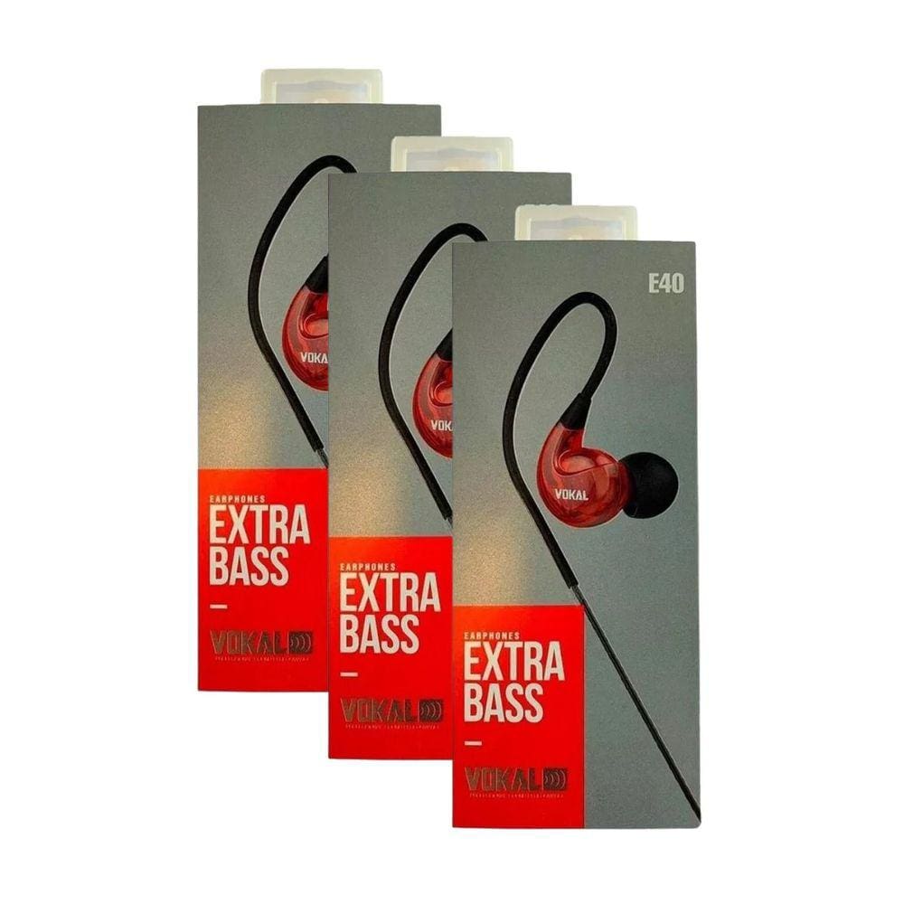 Kit 3 Fones de Ouvido Vokal Para Retorno de Palco E40 Extra Bass - Vermelho