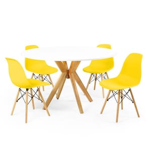 Conjunto Mesa de Jantar Redonda Marci Branca 120cm com 4 Cadeiras Eames Eiffel - Amarelo