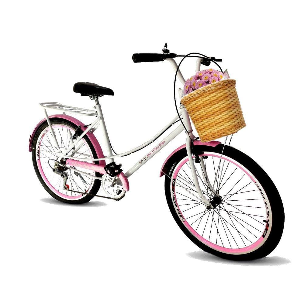 Bicicleta Aro 26 retrô cesta 6 marchas mary branco com rosa