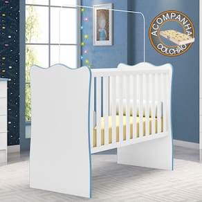 Berço Doce Sonho Branco Azul Qmovi + Colchão Gazin