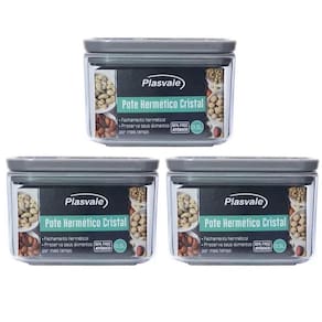 3 Potes Herméticos Plasvale 500Ml Cada Cristal Quadrado Para Mantimentos Cinza