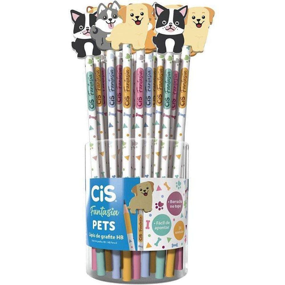 Lápis Preto Redondo Decorado Cis Pets 4 Modelos Pote 24
