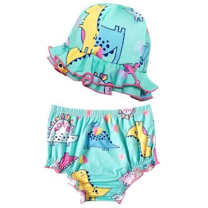 Conjunto Praia Infantil Biquíni com Chapéu Dino Love Verde Água Tip Top