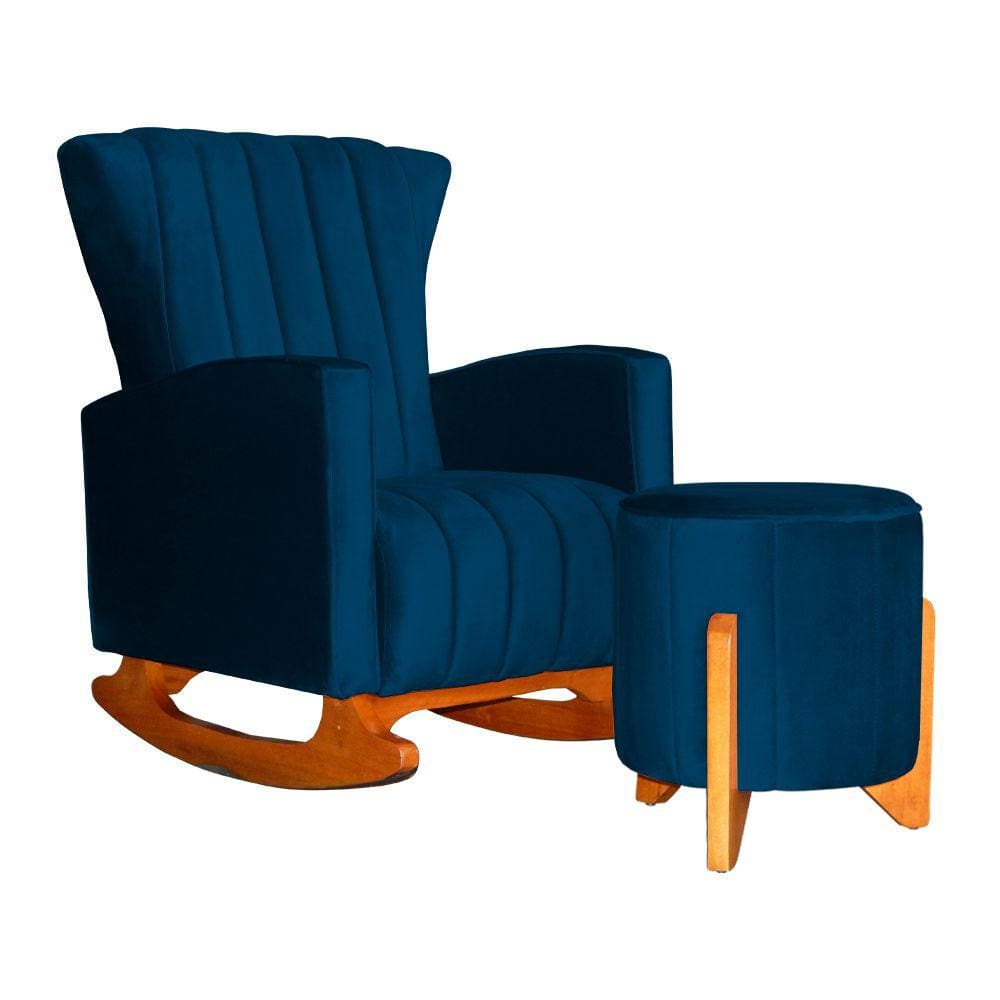Poltrona Balanço C/ Puff Melinda Veludo Azul Marinho - LM DECOR