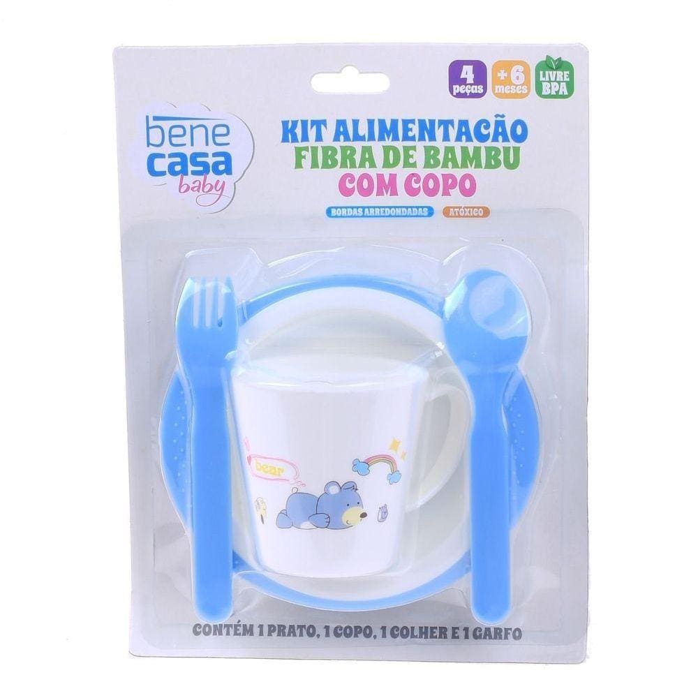 Kit Alimentação Com Copo Infantil 4 Peças Fibra De Bambu Bene Casa Azul