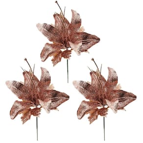 Jogo Flor Lírio Natalino Glitter Rosê Gold 24cm 3 Unidades - Yangzi