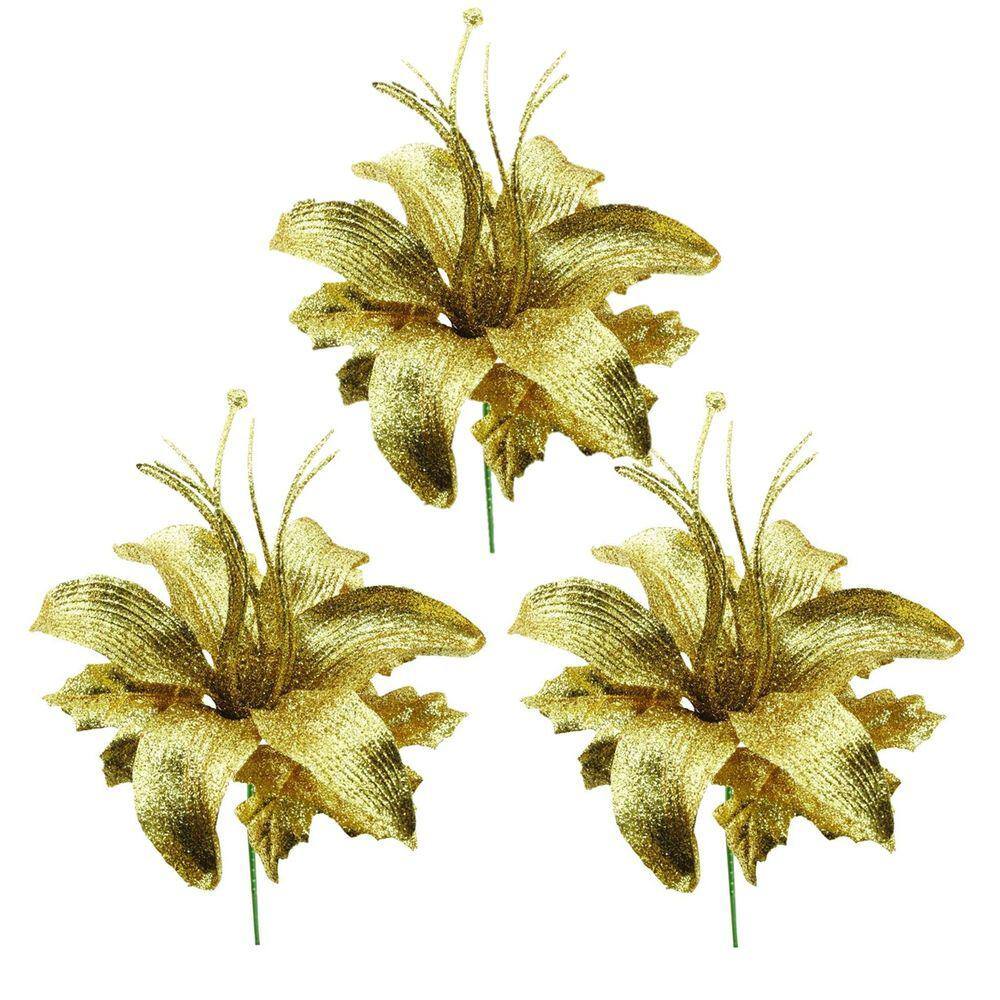 Jogo Flor Lírio Natalino Glitter Dourada 24cm 3 Unidades - Yangzi