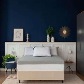 cama box solteiro bege com colchão guldi dream mola ensacada (30x88x188) e 1 travesseiro guldi dream branco e azul