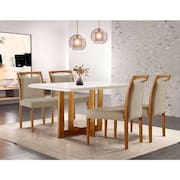 conjunto de mesa de jantar retangular com tampo de vidro off white talia e 4 cadeiras livia linho bege e imbuia