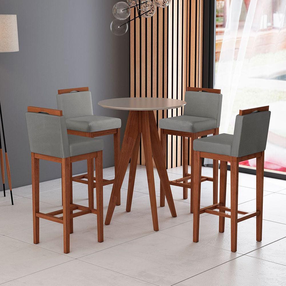 Kit 4 Banquetas Alta + Mesa Bar Gourmet  Madeira Maciça Suede Cinza CCS