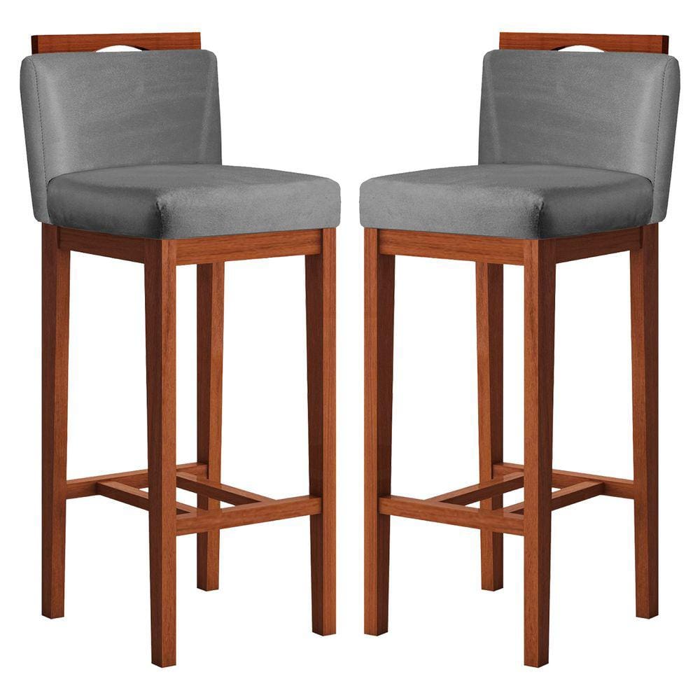 Kit 2 Banquetas Média Estofadas com Encosto 38x92 Cm Líbia Madeira Maciça Suede Cinza CCS