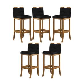 Kit 5 Banquetas Média Encosto Estofado 38x92Cm Ilha Turim Madeira Maciça Amêndoa Suede Preto CCS