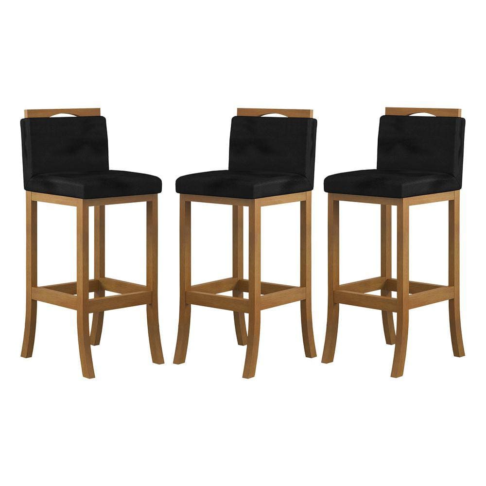 Kit 3 Banquetas Alta de Madeira para Bancada Gourmet Suede Preto