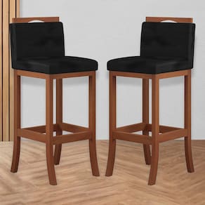 Kit 2 Banquetas Média Encosto Estofado 38x92 Cm Ilha Turim Madeira Maciça Castanho Suede Preto CCS