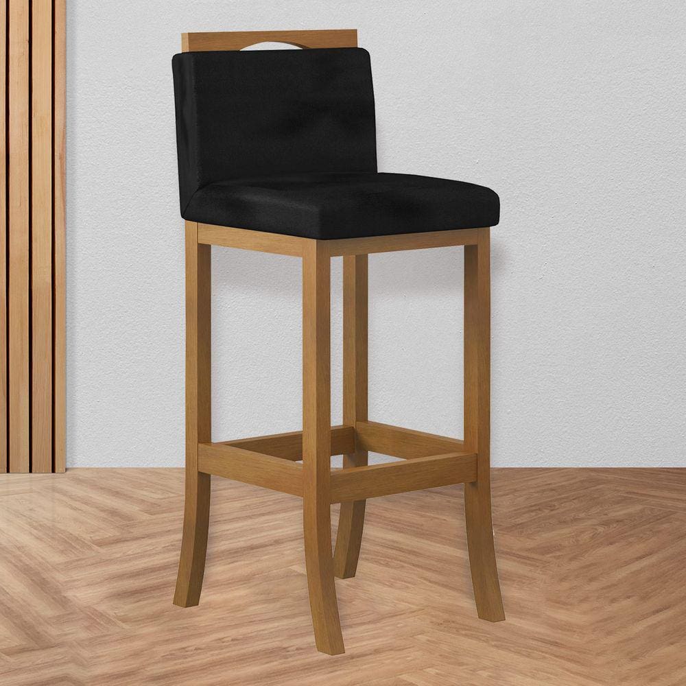 Banqueta Média Encosto Estofado 38 x 92 Cm Turim Madeira Maciça Amêndoa Suede Preto CCS