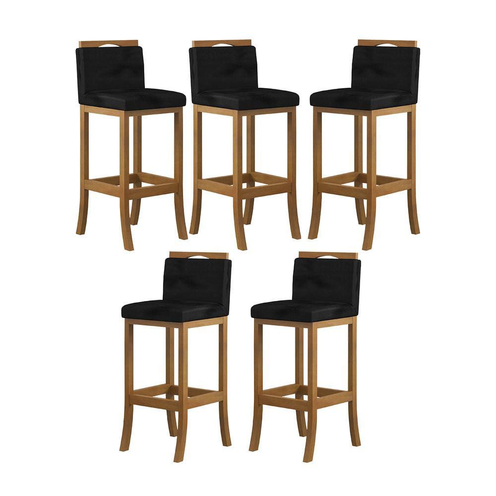 Kit 5 Banquetas Alta Encosto Estofado 38x102 Cm Turim Madeira Maciça Amêndoa Suede Preto CCS