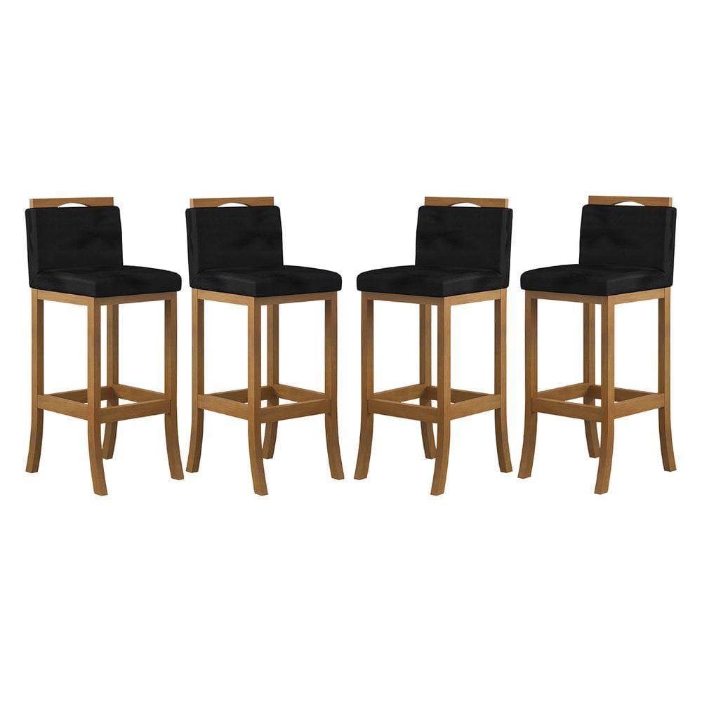 Kit 4 Banquetas Alta Encosto Estofado 38x102 Cm Turim Madeira Maciça Amêndoa Suede Preto CCS