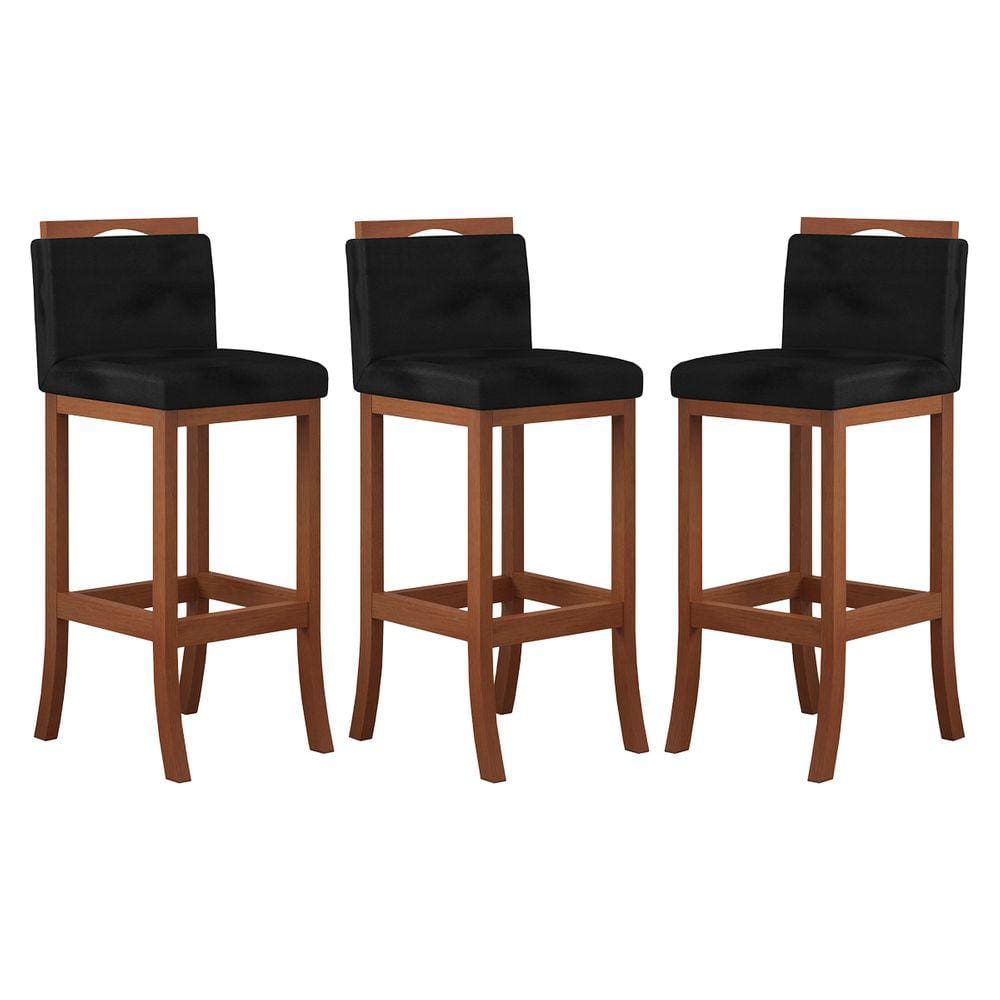 Kit 3 Banquetas Alta Encosto Estofado 38x102 Cm Turim Madeira Maciça Castanho Suede Preto CCS