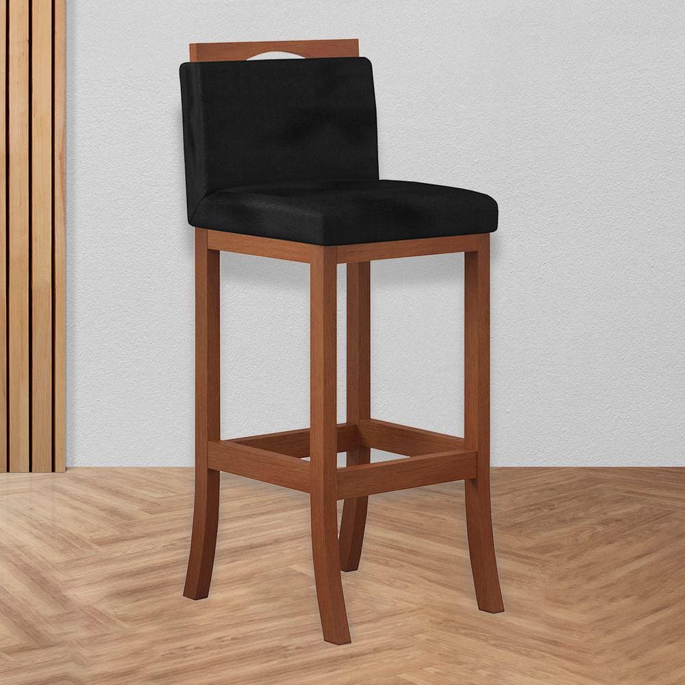 Banqueta Média Encosto Estofado 38 x 92 Cm Turim Madeira Maciça Castanho Suede Preto CCS