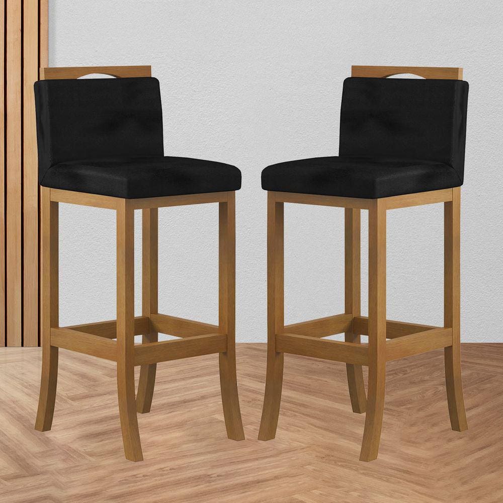 Kit 2 Banquetas Alta Encosto Estofado 38x102 Cm Turim Madeira Maciça Amêndoa Suede Preto CCS